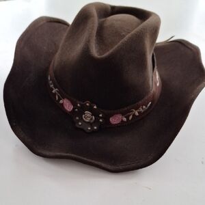 Women's Brown Felt Western Hat with Embroidered Rose Band L Large cowgirl
